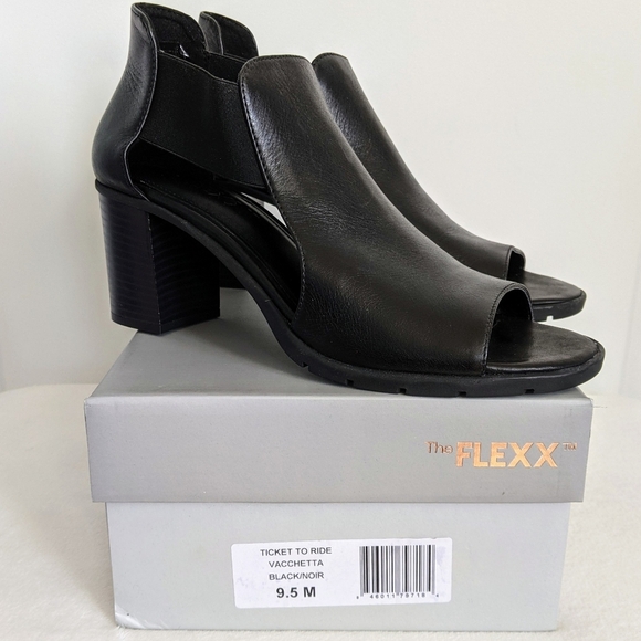 THE FLEXX Sandal Leather Open Toe Elastic Side Strap Block Heel Black 9.5 NIB - Picture 16 of 16